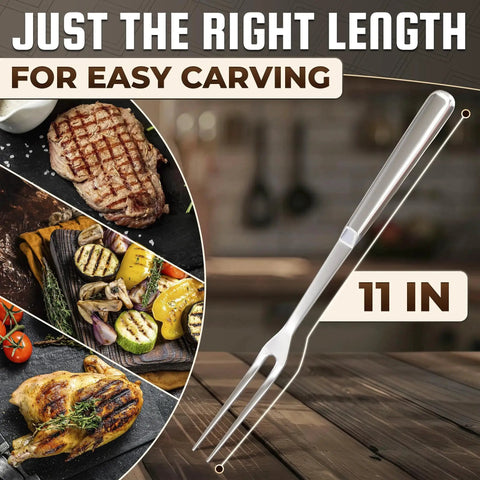 Meat Carving Fork 11 Inch Stainless Steel With Ergonomic Two Prong Handle shown alongside grilled meats and vegetables.