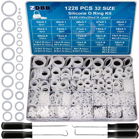 ZDBB silicone O-ring kit, 1228 pcs, 32 sizes, white VMQ, for sealing faucets and plumbing; includes hook and pick