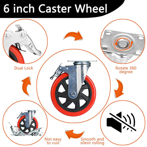 Diagram of 6 Inch Heavy Duty Swivel Caster Wheels Set Of 4 With Brakes And Lockable Bearing Plate Up To 3000 Lbs Per Caster features.