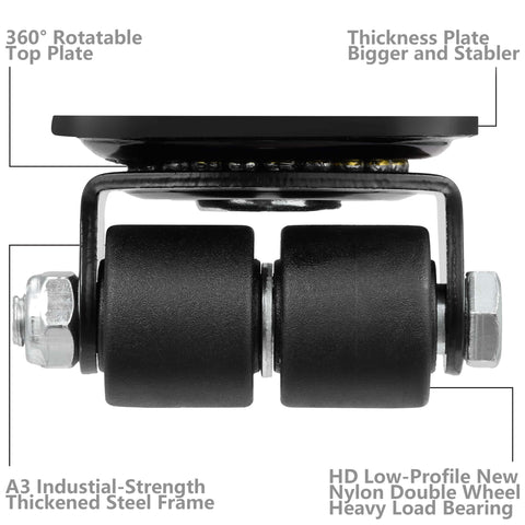 1" Caster Wheels Set of 4 - Heavy Duty Low Profile Swivel Plate Double Nylon Wheels, 1,100 lbs Capacity, Anti-Wear Extra-Wide Black Casters for Bed & Workbench