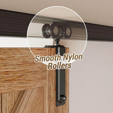Smooth nylon rollers on Heavy Duty 5 Foot Ceiling Mount Box Rail Barn Door Hardware Kit For Single Door No Fuss Sliding Track System Aluminum Alloy Easy Install Fits Openings Up To 26 Inches And Doors Up To 30 Inches Wide 25 To 46 Mm Thick.