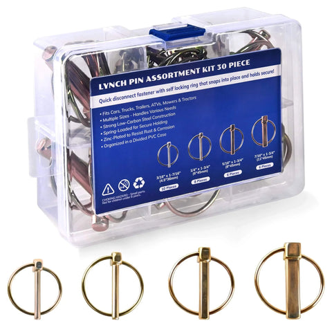 30 Piece Heavy Duty Lynch Pin Assortment Kit With Zinc Plated Steel Pins Includes 4 Sizes For Tractors Trailers Trucks Lawn Mowers And Trolleys Self Locking Ring Prevents Vibration Universal Fit For Farm Implements, shown in clear storage box.