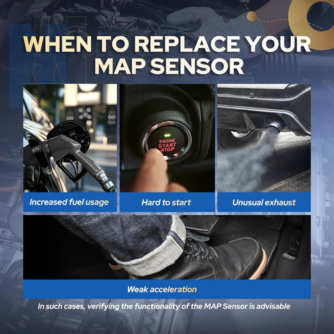 MAP sensor replacement infographic showing fuel pump nozzle, start button, exhaust pipe, and accelerator pedal.