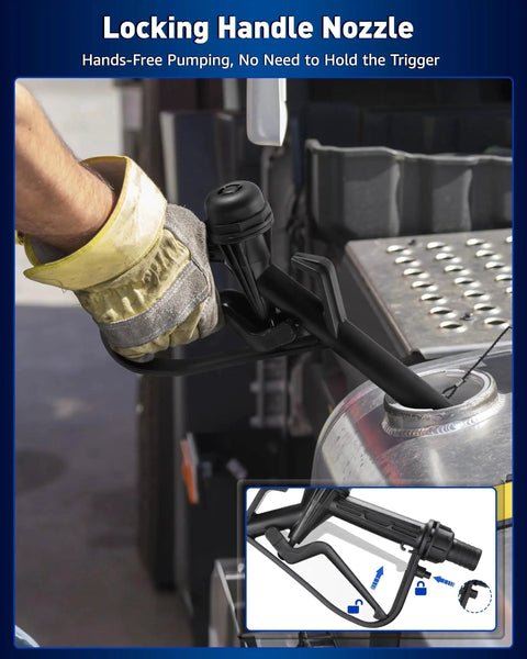 Pro Grade 12V 200W Diesel And Kerosene Electric Fuel Transfer Pump Kit with nozzle and hoses shown in use