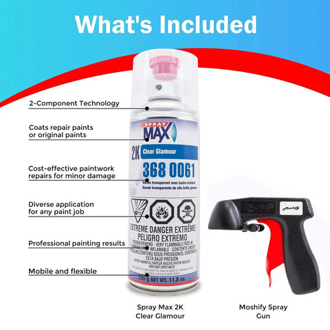Two Stage 2K Clear Coat Aerosol With Trigger For High Gloss Automotive Finish package contents showing can and spray gun