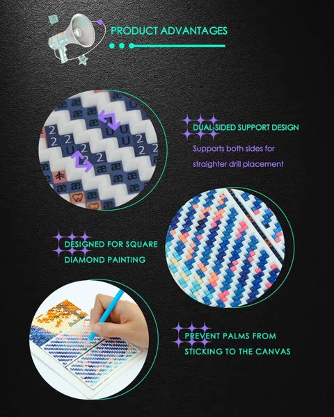 Diagram showing 9 Piece Diamond Painting Zigzag Ruler Set For Beginners, highlighting dual-sided support and square design.