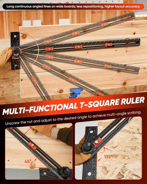 4 In 1 Scriber Marking Line Ruler 29.5 Inch Spliceable Extended T Square For DIY Woodworking shown with adjustable angles.