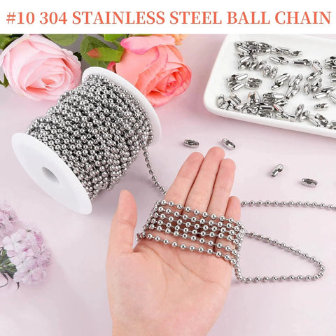 66 Foot Stainless Steel Ball Chain Kit 4.5mm Bead Chain With 100 Connectors And Pliers For Vertical Window Blinds Bead Roller Shade Chain Fan Pull Chain And DIY Jewelry Making Plus Rust Resistant 304 Stainless Steel Construction And Storage Spool displayed on a table with flowers.