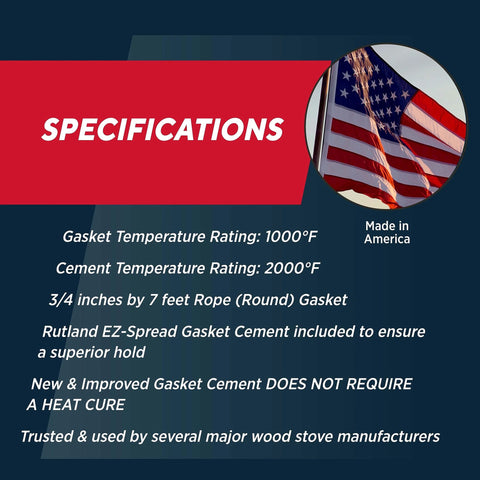 Rutland wood stove gasket replacement kit label; graphite-impregnated 3/4 in x 7 ft rope gasket, black; Made in America.