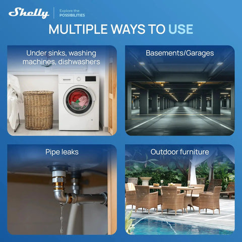 Flood Gen4 Smart Flood Sensor With Leak Cable showing use cases like under sinks, basements, pipe leaks, and outdoor furniture