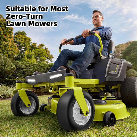 Close-up of a zero-turn lawn mower equipped with Flat Free 11x4.00-5 Lawn Mower Tire And Wheel Set, solid polyurethane tires