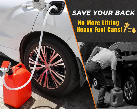 Auto Stop Fuel Transfer Pump 3.2 GPM Gas Can Pump With 51in Hose No Spill connected to car fuel tank