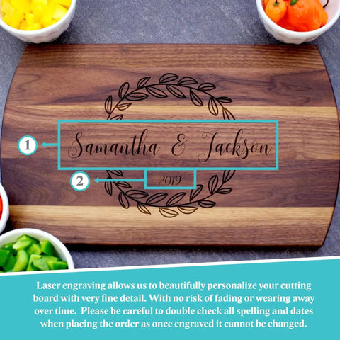 Custom Engraved Wooden Cutting Board Personalized For Weddings Anniversaries Birthdays And Mothers Day Gift In Maple Cherry