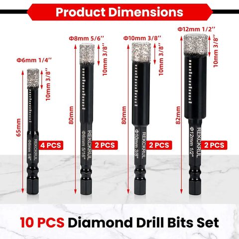 Premium 10 Pack Diamond Drill Bits Set For Ceramic Tile Glass Granite Marble Brick And Stone With Quarter Inch Five Sixteenths Inch Three Eighths Inch And Half Inch Diameters And One Quarter Hex Shank Core Bits For Dry And Wet Drilling Rekckrul dimensions chart.