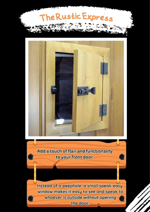 Rustic Speak Easy Door Latch And Decorative Hinge Kit With One Latch, Two Butterfly Hinges And Twelve Black Mounting Screws