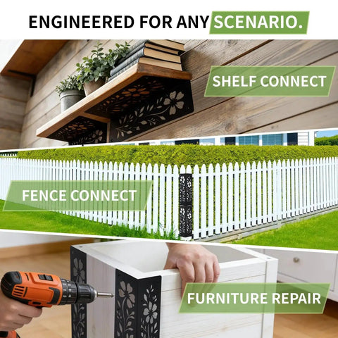 Beefy Wood Corner Brackets Set for Raised Garden Beds used in shelf, fence, and furniture repairs, demonstrating versatility.