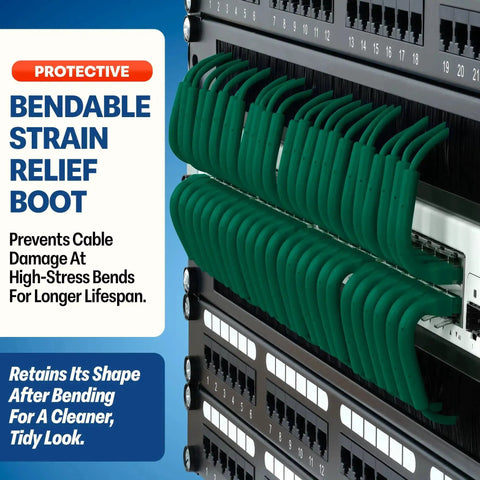 Green 0.5 Foot Cat6a Patch Cables 10 Pack Ultra Thin Bendable Ethernet Cables shown installed in dense rack