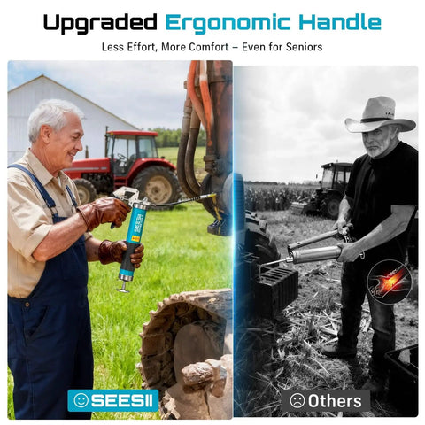 Image showing Seesii Heavy Duty 8000 PSI Pistol Grip Grease Gun Kit with ergonomic handle in use on automotive equipment.