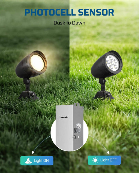 Dusk To Dawn Photocell Sensor Switch for outdoor low voltage lighting with swivel mount, plug and play auto on off, UL listed controller.