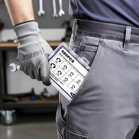 Worker with Massive 580 Piece External Retaining Ring Kit In Black Carbon Steel Ten Sizes M1.5 To M10 in pocket