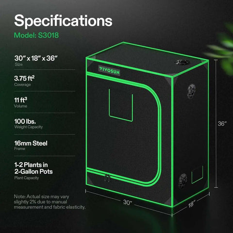 Specifications for S3018 30x18x36 Grow Tent With High Reflective Mylar Observation Window Floor Tray Ventilation Ready Enclosure