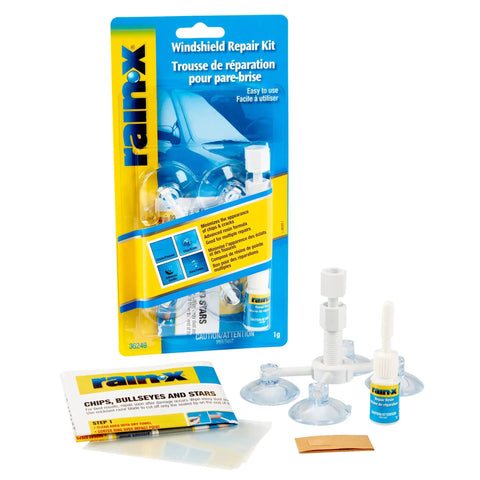 Windshield Repair Kit From Rain X for Chips Cracks Bulls Eyes Stars And Laminated Glass With Advanced Resin Formula Color Clear, includes tools and instructions.