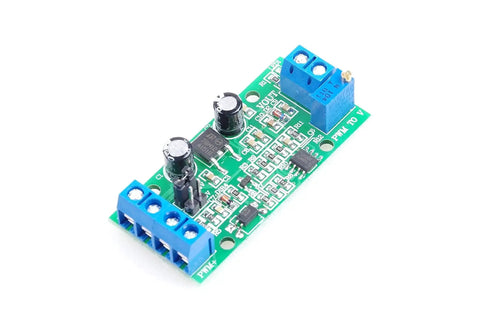 Industrial PWM To Analog Converter Module with connectors and capacitors for PLCs and control panels, converts PWM to analog output.