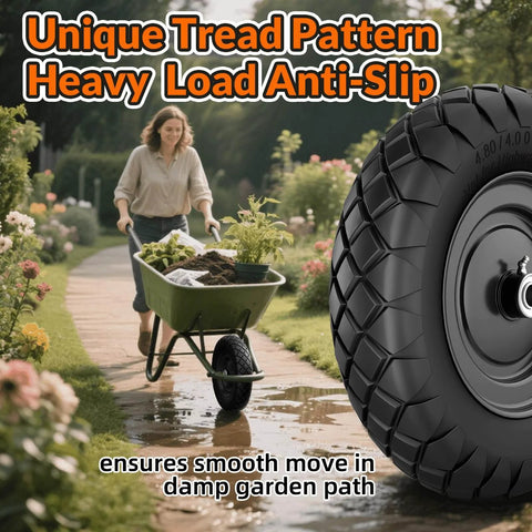Flat Free 16 Inch Wheelbarrow Tire And Wheel Set Built Tough No Flats Solid Puncture Proof Tire Five Eighths And Three Quarters Bearings 400 Pound Load Universal Fit For Garden Farm And Construction Two Pack Black in use on a garden path