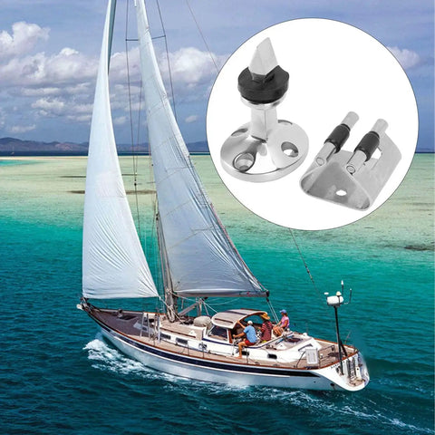 Door stopper and holder hardware, 316 stainless steel, shown as a close-up inset over a sailboat scene.