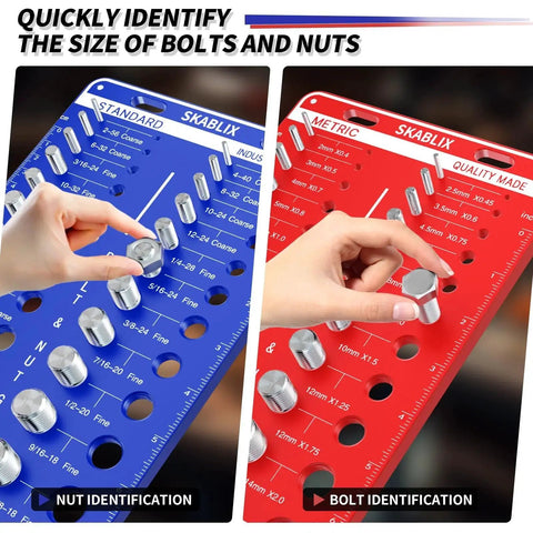 68 Nut and Bolt Thread Checker Kit With 26 Standard and 26 Metric Bolt Gauges in use for quick thread identification.