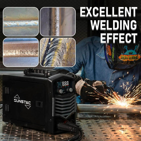 MIG Welder 140A 110V 3 In 1 Flux Core Stick And Lift TIG Gasless Inverter with digital display, used by welder on metal pipe.
