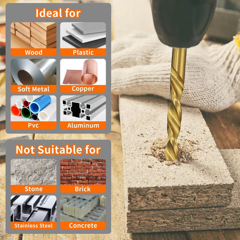 Titanium Coated Drill Bit Set For Metal, Wood, Plastic And Aluminum By ENERTWIST in use on wood, labels for suitable materials.