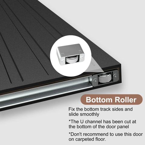 Bottom roller detail of Concealed Sliding Barn Door With Slick Soft Close Hardware Kit Black Hidden Door For Interior Use 32x86 Inches