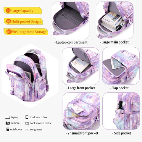 Purple backpack showcasing multiple compartments and storage options, ideal for organizing school supplies and personal items.