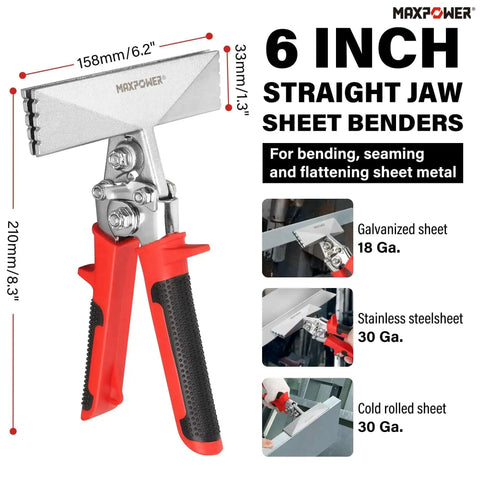Two Piece Sheet Metal Hand Seamers With Five Blade Pipe Crimper And Six Inch Straight Jaw Bender Built To Last With Tough As Nails Ergonomic Handle For Tight Spaces And Durable Alloy Steel Construction showcasing straight jaw sheet bender.