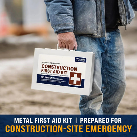 Person holding construction first aid kit, Industrial Grade Metal First Aid Kit For Contractors And Construction Sites With OSHA Compliance