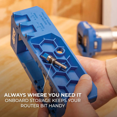 Hands holding blue Adjustable Door Hinge Routing Jig with onboard storage for router bits; for precise mortises and accurate routing.