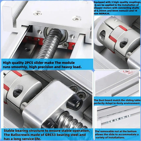 Close-up of Go-To Heavy Duty Linear Stage Table With Four Inch Stroke for CNC Motion, beefy 1605 ball screw, and Nema brackets