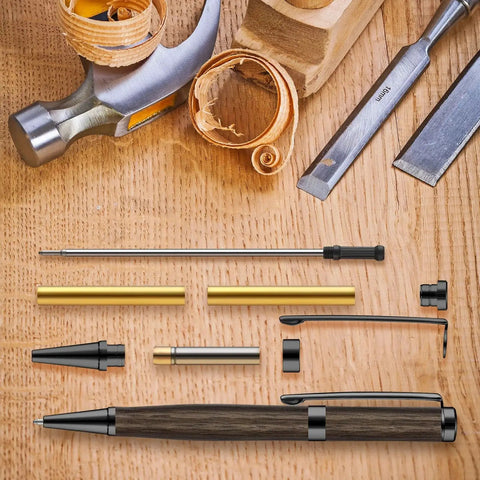 Slimline Pen Kit Set 7mm Twist With Refill Black, 20 Pack Wood Turning Lathe Supplies For DIY Copper Craft on wood surface