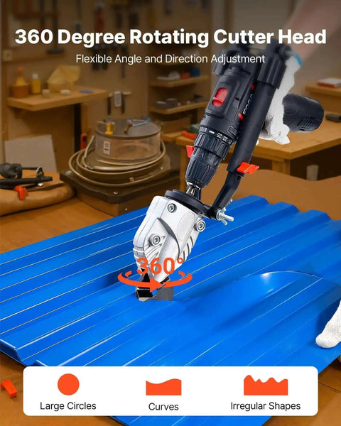 Sheet Metal Cutter Drill Attachment With 360 Degree Pivoting Head Sharp Blades used on blue sheet in workshop