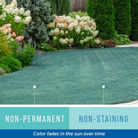 Image of Blue Lawn Spray Indicator Dye treated area with high-visibility color on grass, surrounded by garden plants and trees.
