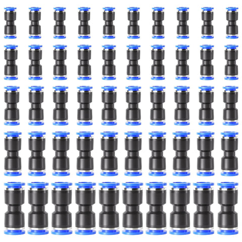 Tailonz pneumatic straight push connectors, 50 pcs plastic air line fittings with blue ends.