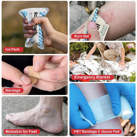 Compact Waterproof EVA First Aid Kit With 130 Essential Supplies featuring ice pack, burn gel, emergency blanket, bandages, and moleskin.