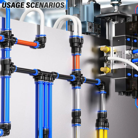 Push To Connect Pneumatic Fittings Kit 12mm OD 20 Piece Set With 5 Splitters 5 Elbows 5 Tees And 5 Straights installed on air lines
