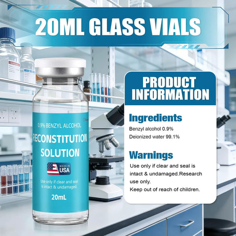 Front view of a 20 mL glass vial labeled Reconstitution Solution with 0.9% benzyl alcohol; teal label