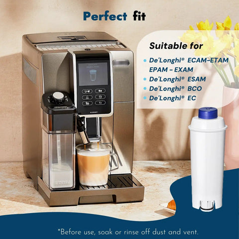 Front view of a metallic coffee machine with an attached water filter cartridge and a spare cartridge on the right