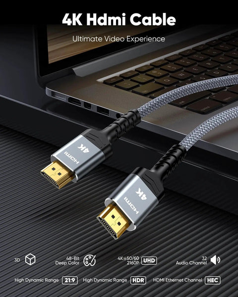4K HDMI Cable High Speed Nylon Braided Gold Plated HDR ARC 3D HDCP Two Point Two connected to a laptop, showing gold connectors.