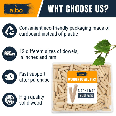 Image of 1/4 x 1-1/4 Inch Fluted Wood Dowel Pins, Birch Hardwood Dowels, 200 Pack in eco-friendly packaging with informational text about features.