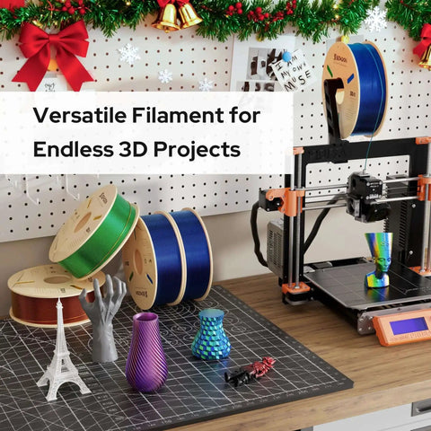 Triple Color Gradient Silk PLA Filament 1.75mm For Ender 3 V2 And More, 1Kg Spool, Red Blue Green, spools on desk with 3D printer.