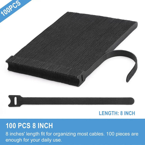 Image of 100 pack Eight Inch Reusable Cable Ties with Hook and Loop Wraps, black, for cord management and organization.